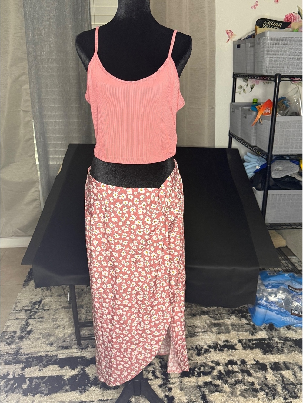 Two-Piece Pink Crop Top and Floral Maxi Skirt Set